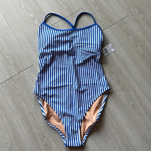 J Crew Factory One Piece Swimsuit With Crisscross Back Small Striped Blue White - Picture 1 of 7